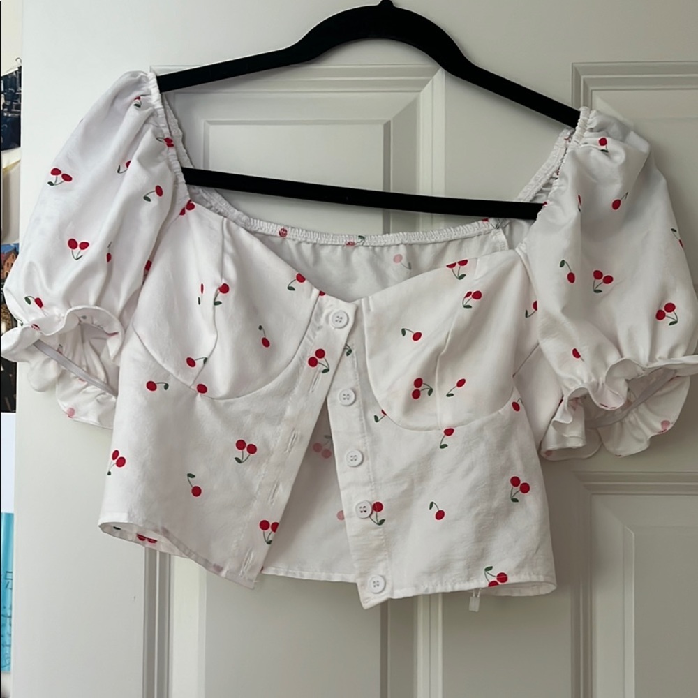 SHEIN White Red Puff Sleeve Crop Blouse